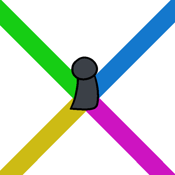 A small gray figure standing at the intersection of four lines, one green, one blue, one yellow, and one magenta.